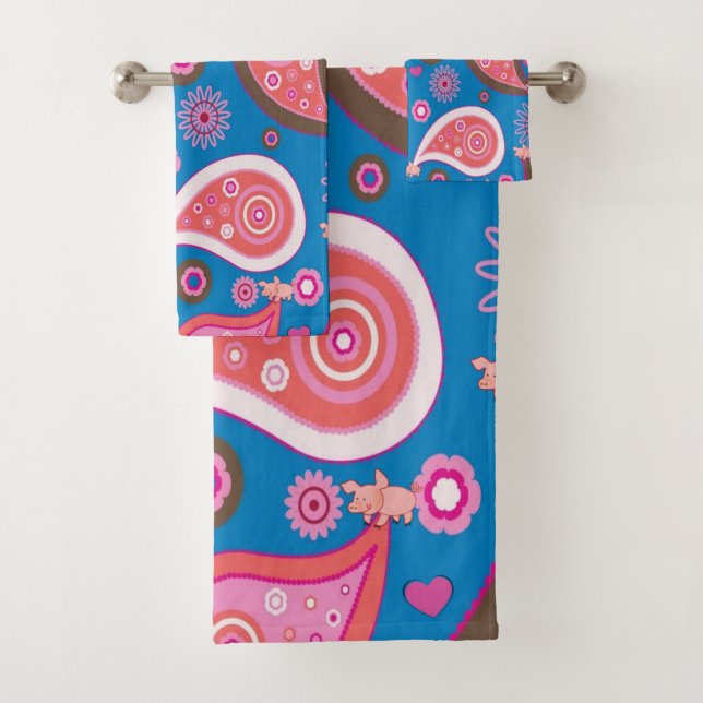 Pink Pig Blau Paisley Badezimmer Handtuch Sets (Insitu)