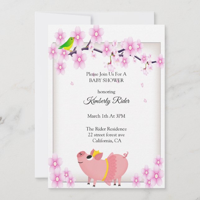 Pink Pig Cherry Blossom Babydusche Einladung (Vorderseite)