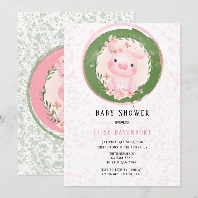 Pink Pig Cuteness Girl Babydusche Einladung (Vorne/Hinten)