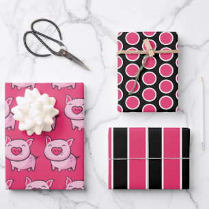 Pink Pig Dots & Stripes Wrapping Paper Sheet Set Geschenkpapier Set