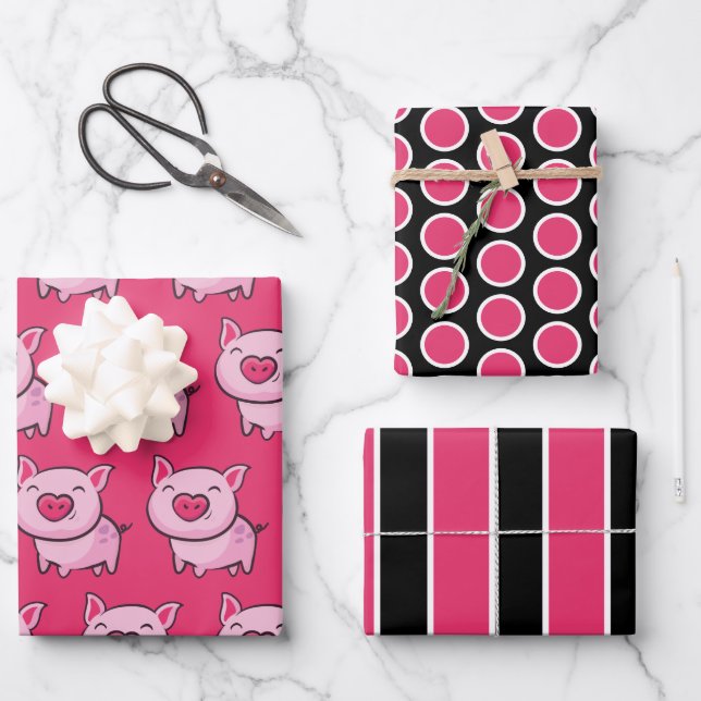Pink Pig Dots & Stripes Wrapping Paper Sheet Set Geschenkpapier Set (Vorderseite)