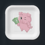 Pink Pig Holding Cash Giving Thumbs Up Pappteller<br><div class="desc">Serve up success at your next event with these funny rich pink pig paper plates. Each plate showcases a winking cartoon character holding a wad of money and giving a thumbs up sign, making them ideal for office parties, bank events, or financial milestone celebrations. These sturdy paper plates are perfect...</div>