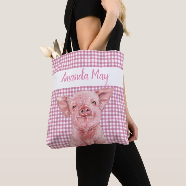 Pink Pig Watercolor Gingham Kariert Monogram Tasche (Von Nahem)