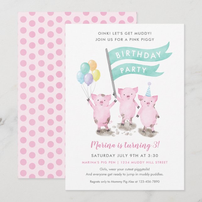 Pink Piggy Kindergeburtstag Party Einladung (Vorne/Hinten)