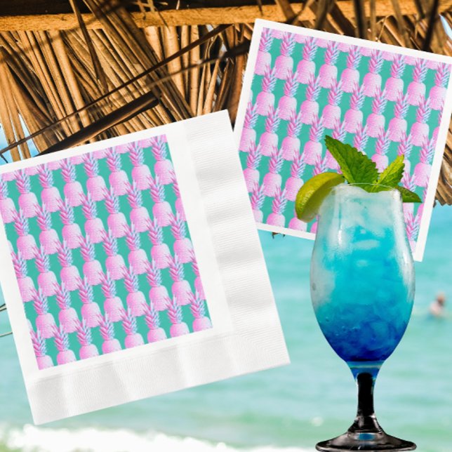 Pink Pineapples Caribbean Blue   Serviette (Festive pink pineapple paper napkins!)