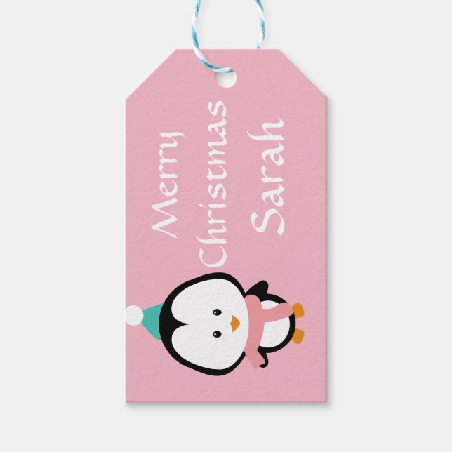 Pink Pinguin Personalisiert Geschenkanhänger (Vorderseite)