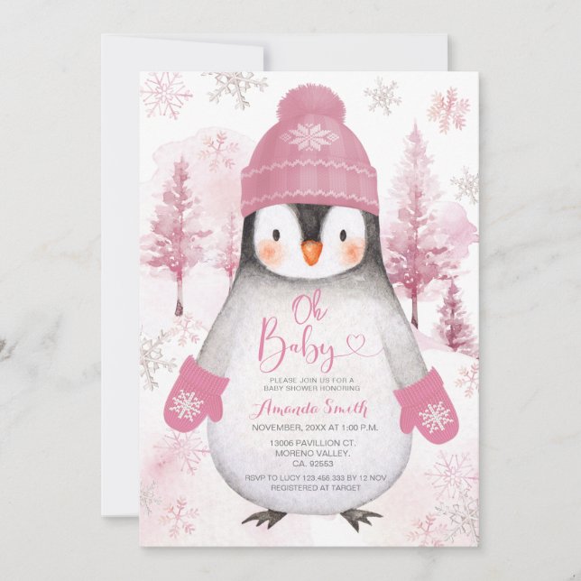 Pink Pinguin Strickhut Snowflakes Baby Dusche Einladung (Vorderseite)