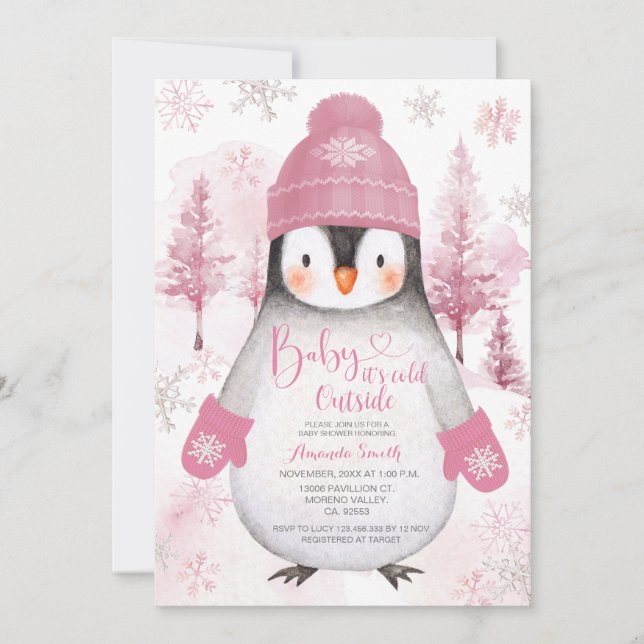 Pink Pinguin Strickhut Snowflakes Baby Dusche Einladung (Vorderseite)