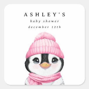 Pink Pinguin Winter Baby Dusche Quadratischer Aufkleber