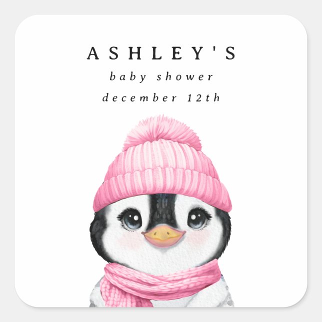 Pink Pinguin Winter Baby Dusche Quadratischer Aufkleber (Vorderseite)