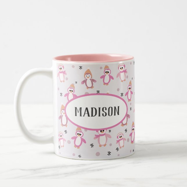 Pink Pinguine Kinder Weihnachten Zweifarbige Tasse (Links)