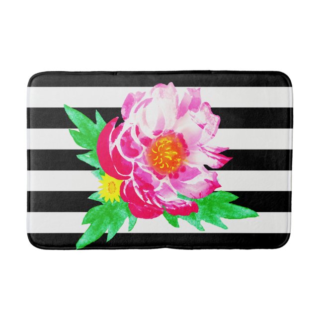 Pink Pink Peony Black & White Bath Mat Badematte (Vorderseite)