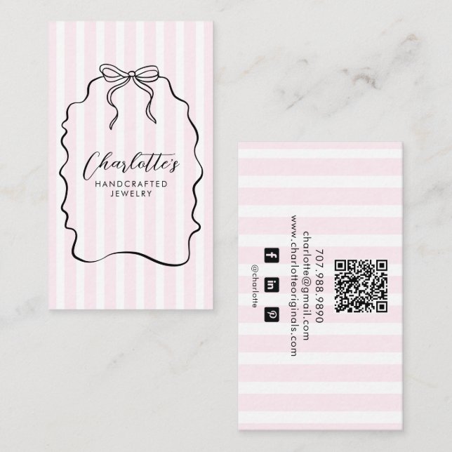Pink Pinstripe Ribbon Doodle Jewelier Designer Visitenkarte (Vorne/Hinten)