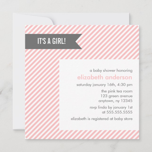 Pink Pinstripes Girl Babydusche Einladung (Vorderseite)