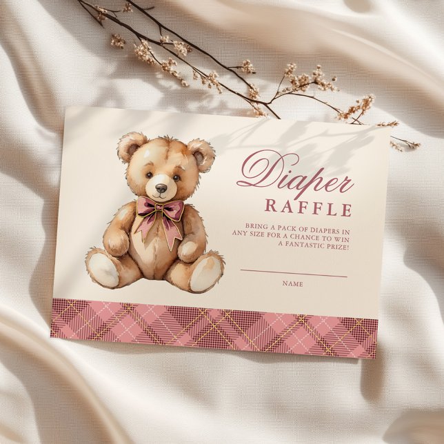 Pink Plaid Bear Baby Shower Diaper Raffle Begleitkarte (Von Creator hochgeladen)