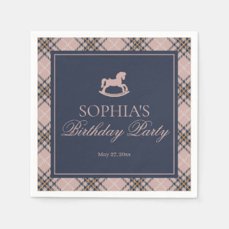Pink Plaid Classic Rocking Horse Birthday Party Serviette