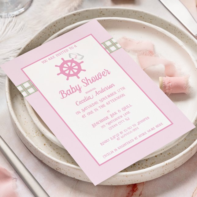 Pink Plaid Nautical Baby Girl Shower Einladung (Von Creator hochgeladen)