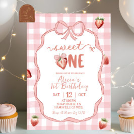 Pink Plaid Strawberry Coquette sweet one birthday Einladung