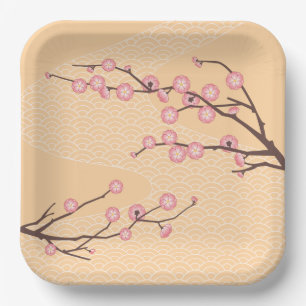 Pink Plum Blossom auf Gelb Pappteller