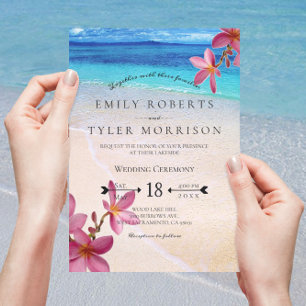Pink Plumeria Beach Hochzeit in Urlaubsort © Einladung