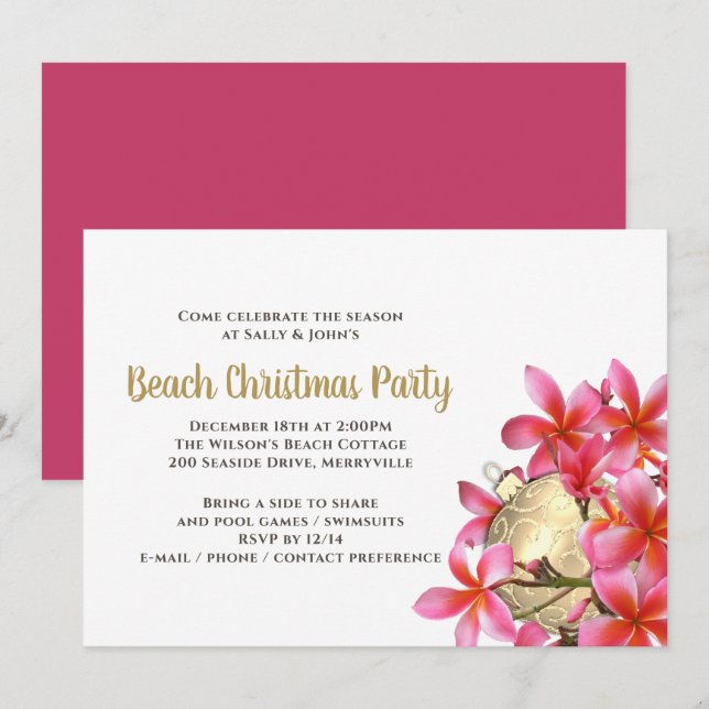 Pink Plumeria Beach Weihnachts-Party Einladung (Vorne/Hinten)