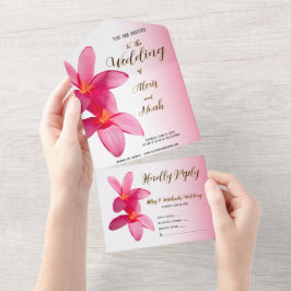 Pink Plumeria Blume auf Rosa, Bläsernchen, Hochzei All In One Einladung