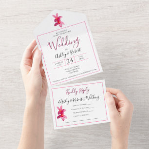 Pink Plumeria Blume auf Weiß, Moderne Hochzeit All In One Einladung