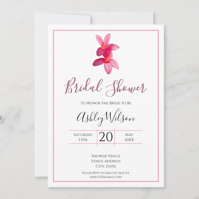 Pink Plumeria Blume, Moderne Hochzeit, Bridal Einladung (Vorderseite)