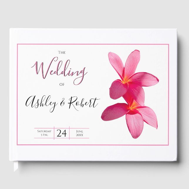 Pink Plumeria Blume, Moderne Hochzeit Gästebuch (Vorderseite)