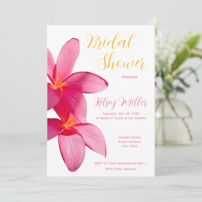 Pink Plumeria Blume, tropisch, floral, Bridal in Einladung (Stehend Vorderseite)