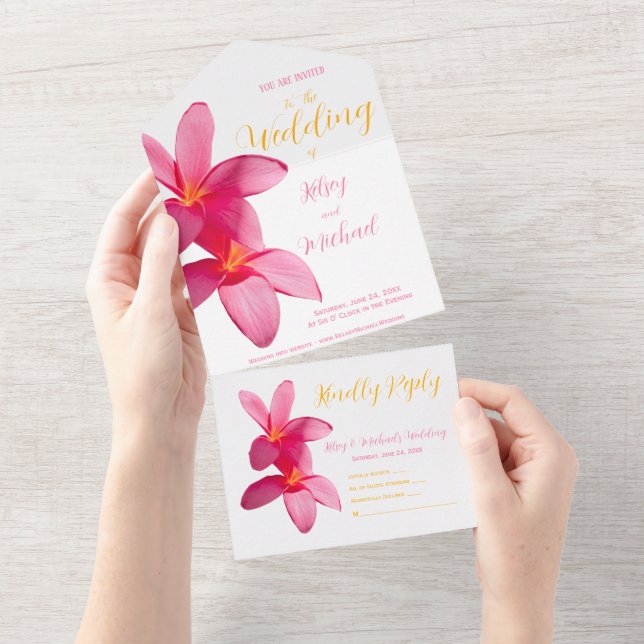 Pink Plumeria Blume, tropische Hochzeiten, Blumenz All In One Einladung (Abreißtisch)
