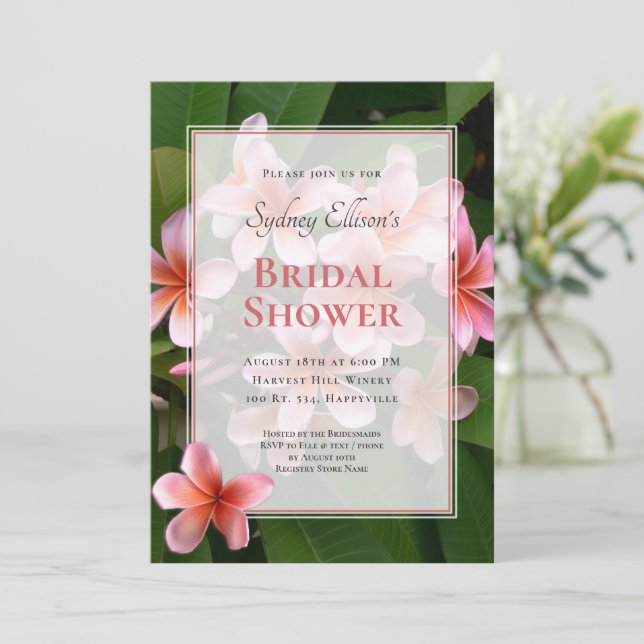 Pink Plumeria Bridal Dusche Einladung (Stehend Vorderseite)