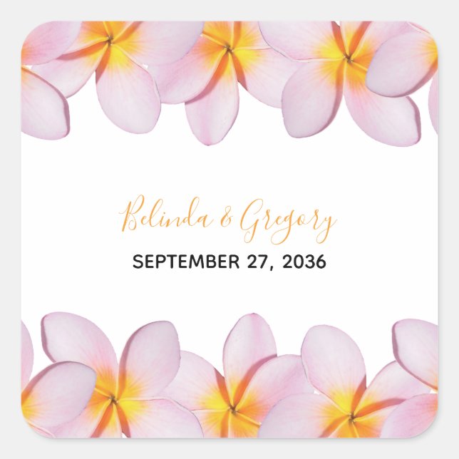 Pink Plumeria Frangipani Wedding Quadratischer Aufkleber (Vorderseite)