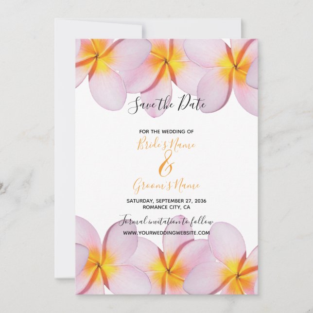 Pink Plumeria Frangipani Wedding Save the Date (Vorderseite)