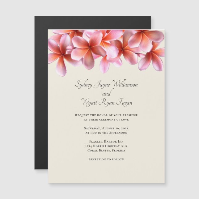 Pink Plumeria Real Blume Border Ecron Magneteinladung (Vorne/Hinten)