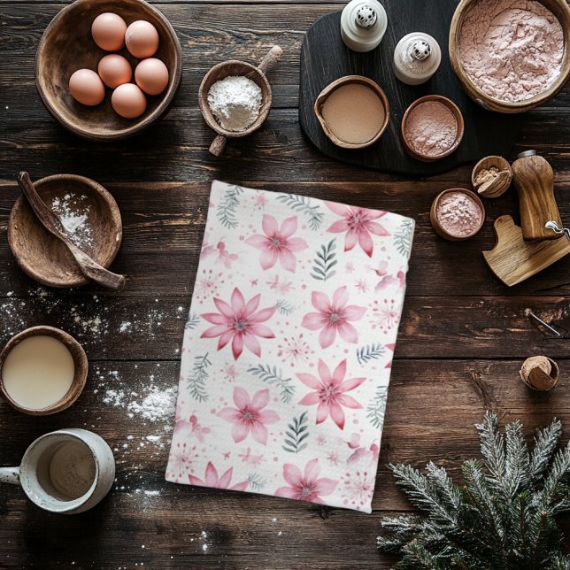 Pink Poinsettas Arbres de Noël Serviette de cuisin (Créateur téléchargé)