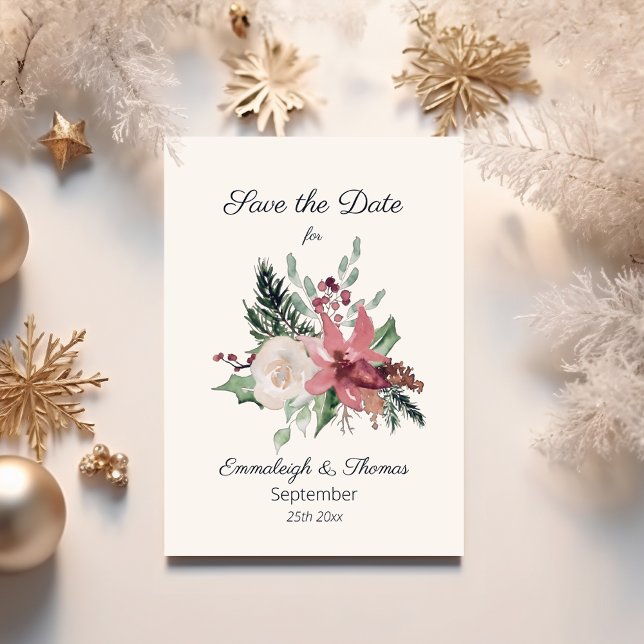 Pink Poinsettia Floral Winter Wedding Save The Date (Von Creator hochgeladen)