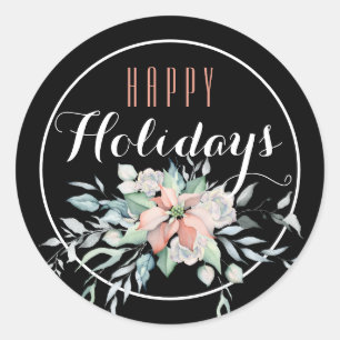 Pink Poinsettia Happy Holiday Runder Aufkleber