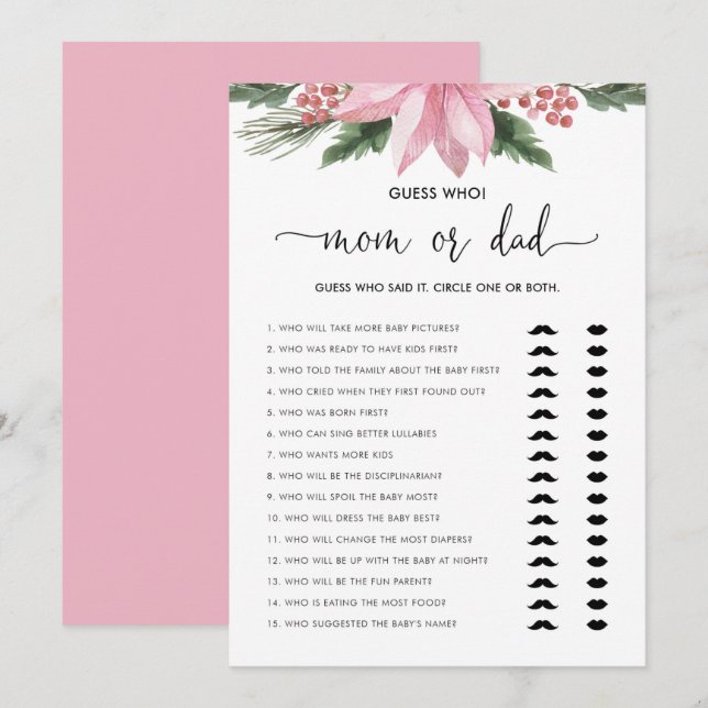 Pink Poinsettia Maman ou Papa Baby shower Carte de (Devant / Derrière)