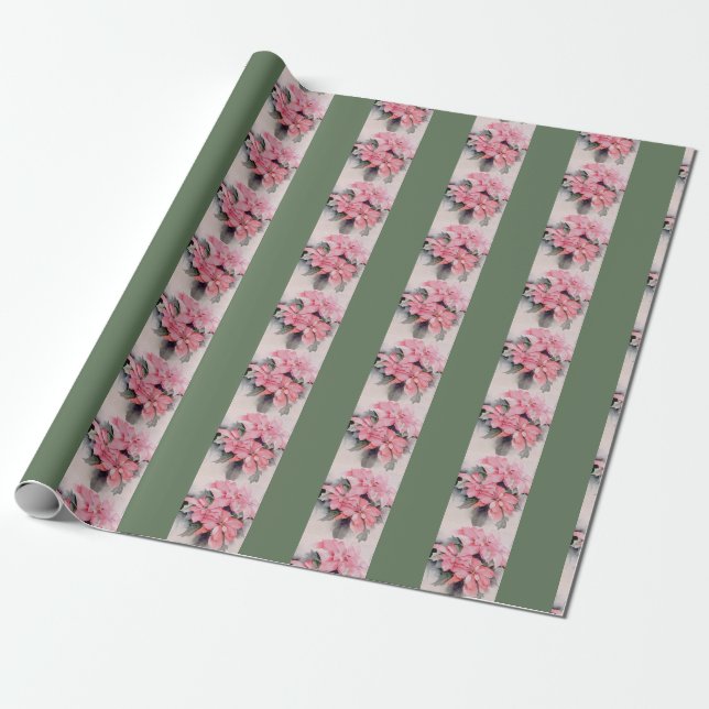 Pink Poinsettia Original Wasserfarbe Streifen Geschenkpapier (Ungerollt)