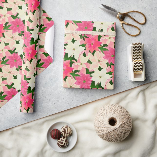 Pink Poinsettia Weihnachten Geschenkpapier (Kunsthandwerk)