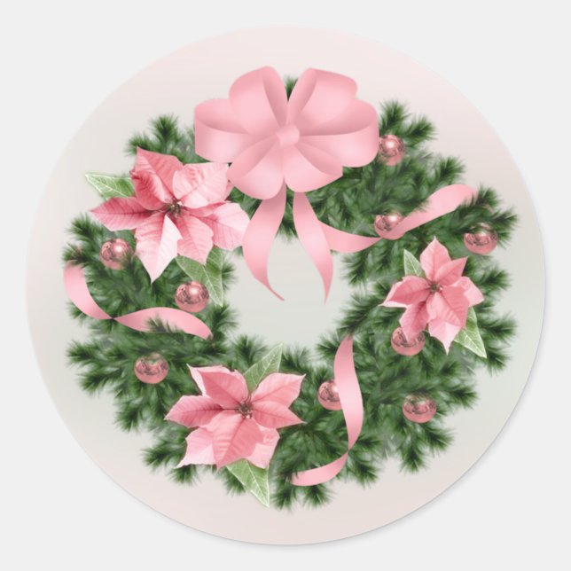 Pink Poinsettia Wreath Classic Sticker #2 (Vorderseite)