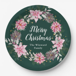 Pink Poinsettia Wreath Frohe Weihnachten Pappteller
