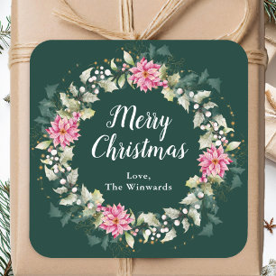Pink Poinsettia Wreath Frohe Weihnachten Quadratischer Aufkleber