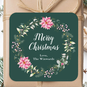 Pink Poinsettia Wreath Frohe Weihnachten Quadratischer Aufkleber