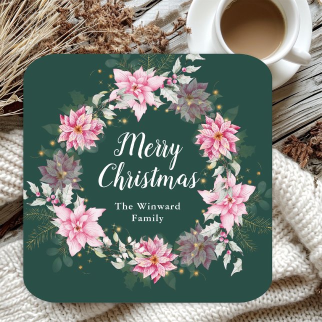 Pink Poinsettia Wreath Frohe Weihnachten Rechteckiger Pappuntersetzer (Von Creator hochgeladen)