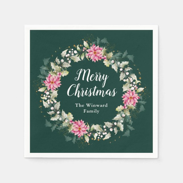 Pink Poinsettia Wreath Frohe Weihnachten Serviette (Vorderseite)