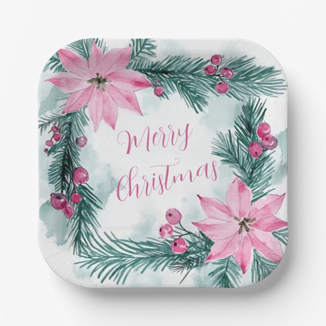 Pink Poinsettias Blumenweihnachtsschild Pappteller (Vorderseite)