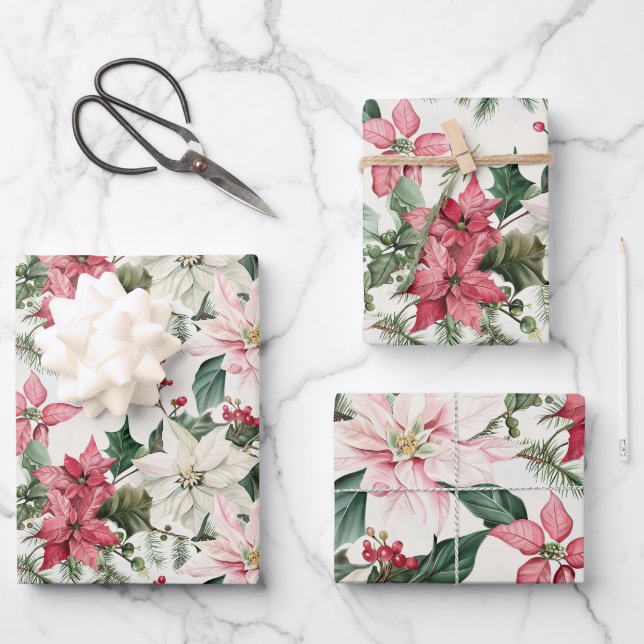 Pink Poinsettias Elegante Weihnachten Geschenkpapier Set (Vorderseite)