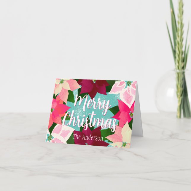 Pink Poinsettias Holiday Karte (Vorderseite)